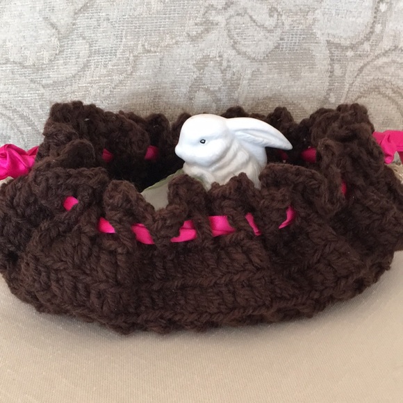 HAND CRAFTED Drawstring Wristlet Baguette Vintage Crochet Brown Pink - Picture 8 of 9